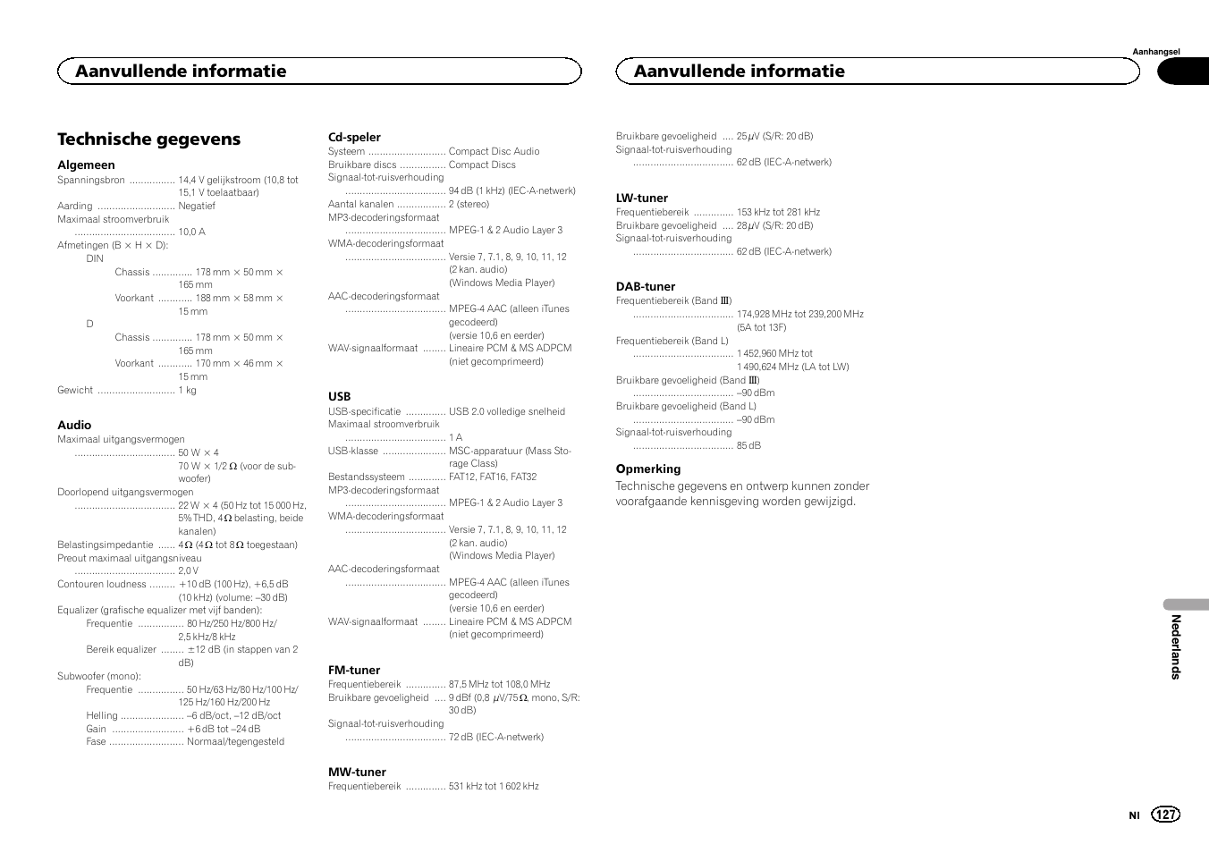 Technische gegevens, Aanvullende informatie | Pioneer DEH-X6500DAB User Manual | Page 127 / 152