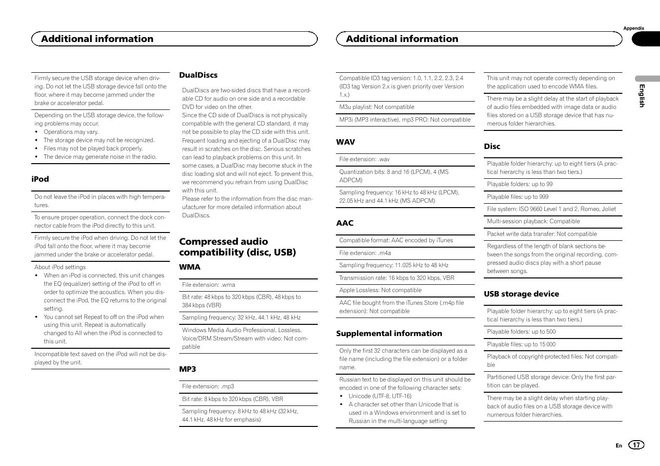 Compressed audio compatibility (disc, usb), Additional information | Pioneer DEH-X6500DAB User Manual | Page 17 / 152