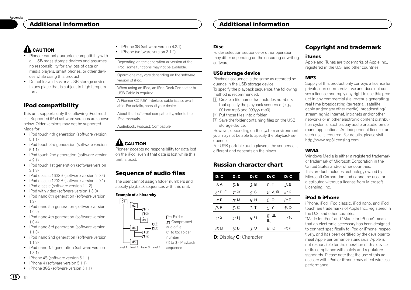 Ipod compatibility, Sequence of audio files, Russian character chart | Copyright and trademark, Additional information | Pioneer DEH-X6500DAB User Manual | Page 18 / 152