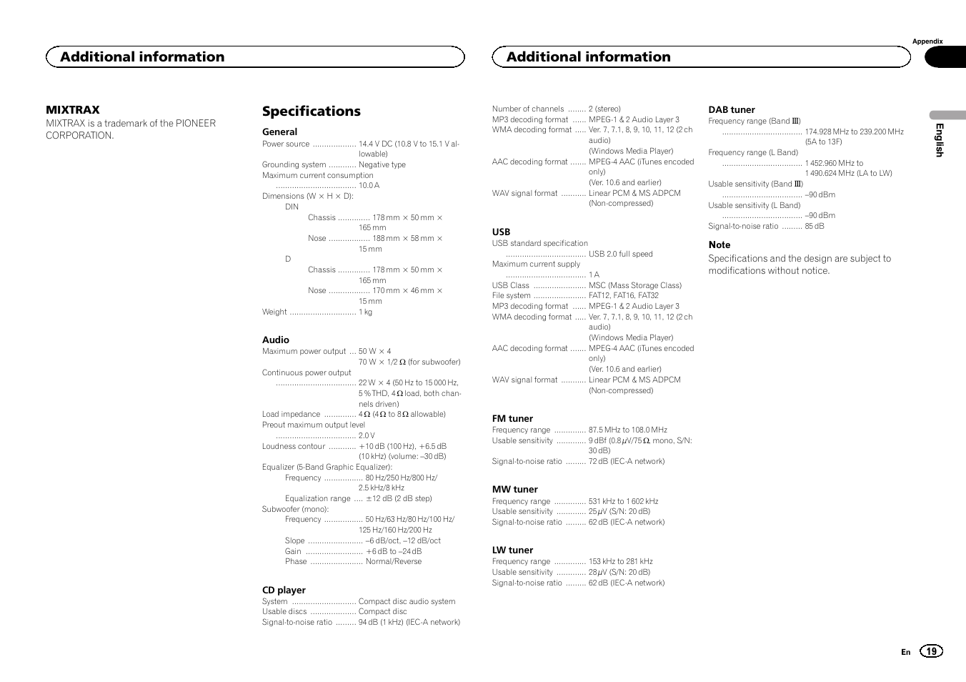 Specifications, Additional information, Mixtrax | Pioneer DEH-X6500DAB User Manual | Page 19 / 152