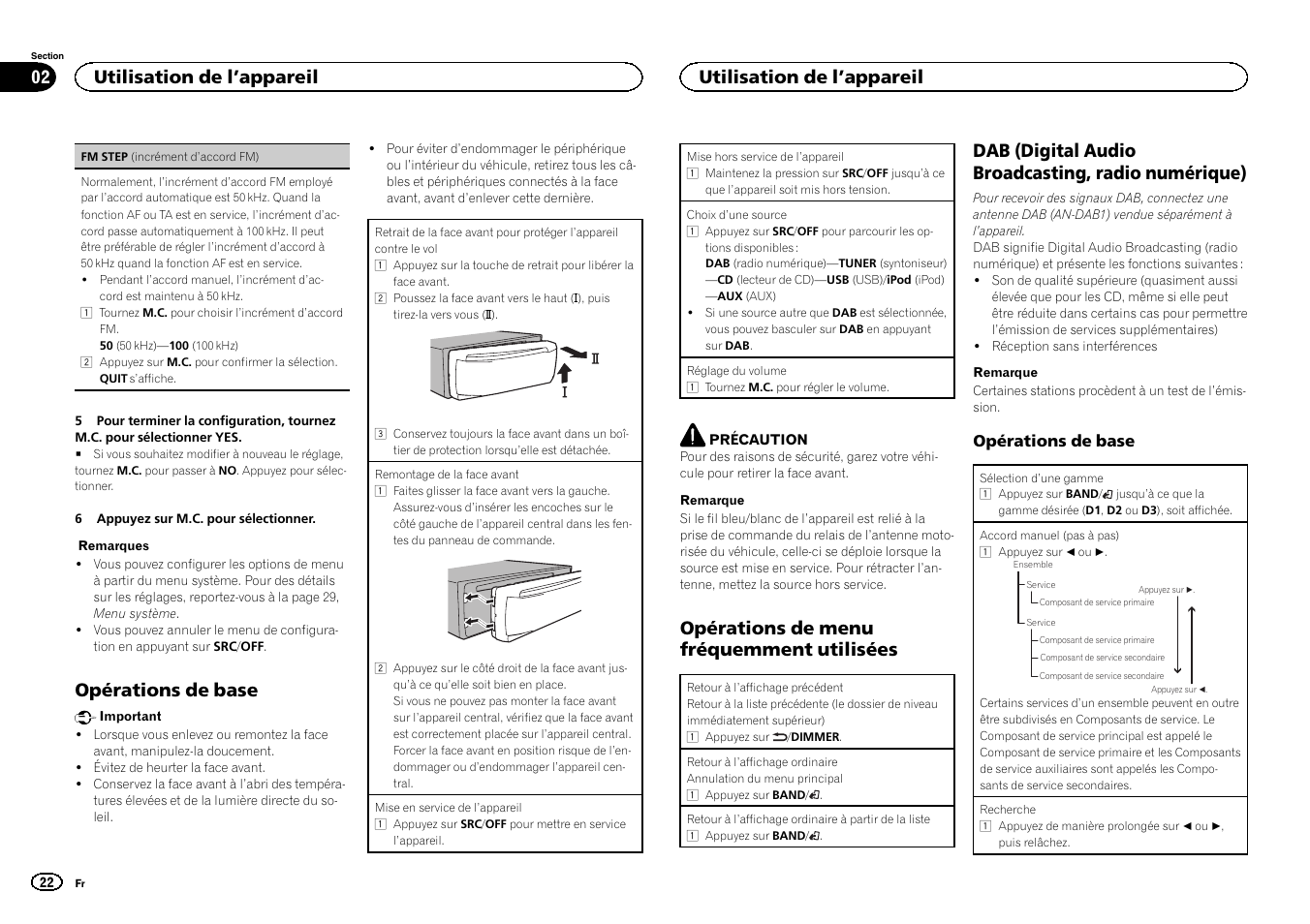 Opérations de base, Opérations de menu fréquemment utilisées, Dab (digital audio broadcasting, radio numérique) | Utilisation de l ’appareil | Pioneer DEH-X6500DAB User Manual | Page 22 / 152