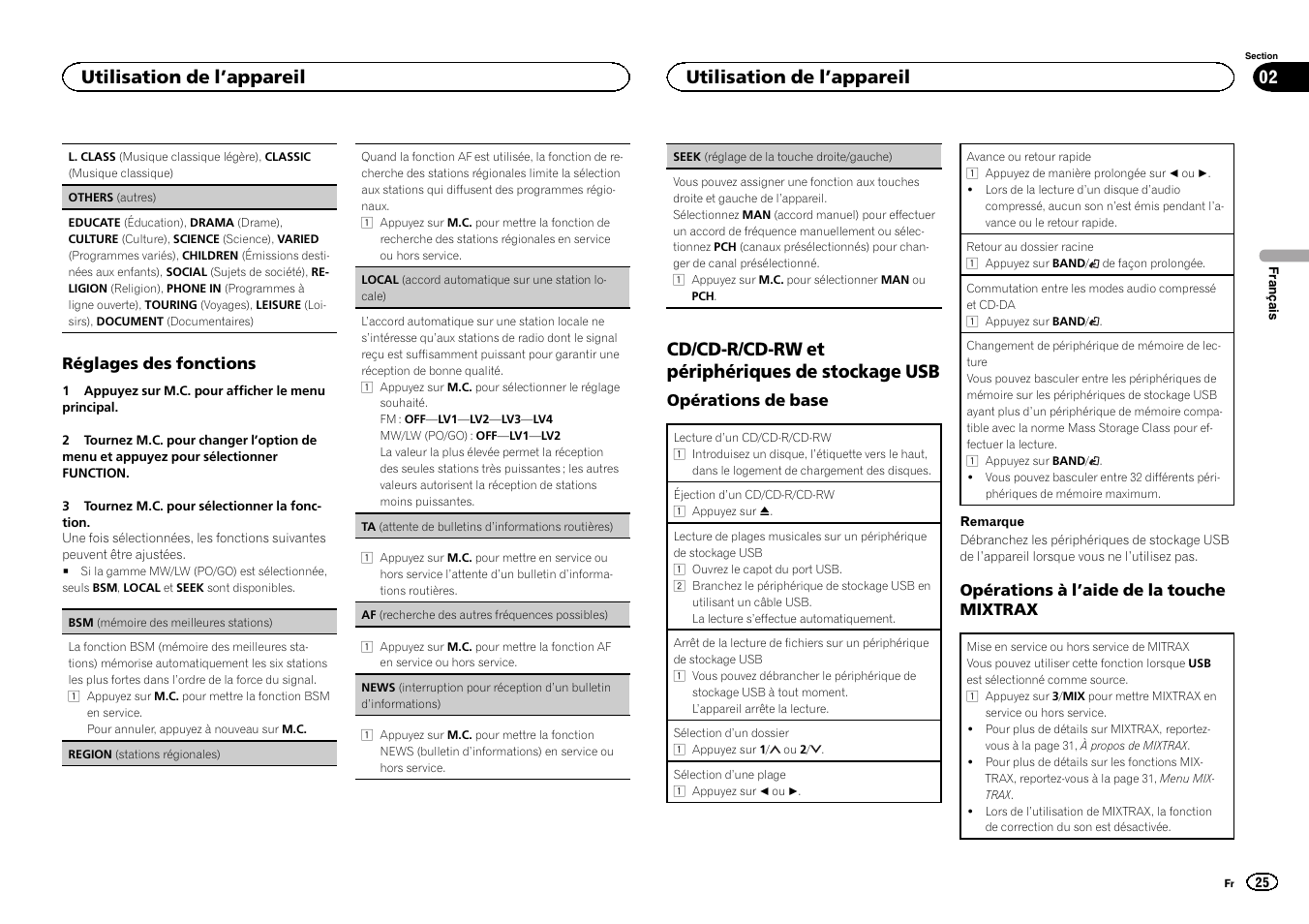Seek (réglage de la touche droite/gau, Che), Af (re | Cherche des autres fréquences possibles), Cd/cd-r/cd-rw et périphériques de stockage usb, Utilisation de l ’appareil | Pioneer DEH-X6500DAB User Manual | Page 25 / 152