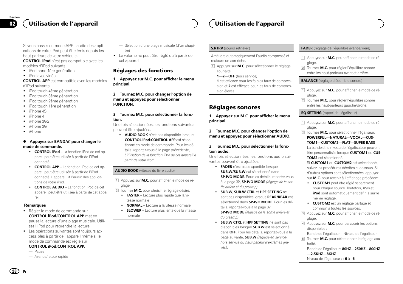 Réglages sonores, Utilisation de l ’appareil | Pioneer DEH-X6500DAB User Manual | Page 28 / 152