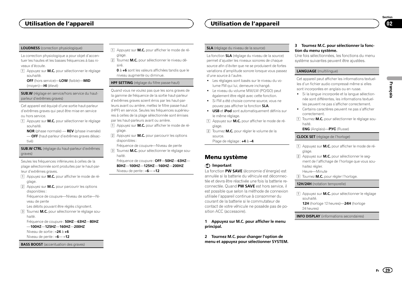 Sub.w (réglage en service, Hors service du haut-parleur d, Extrêmes gra | Ves), Menu système, Utilisation de l ’appareil | Pioneer DEH-X6500DAB User Manual | Page 29 / 152