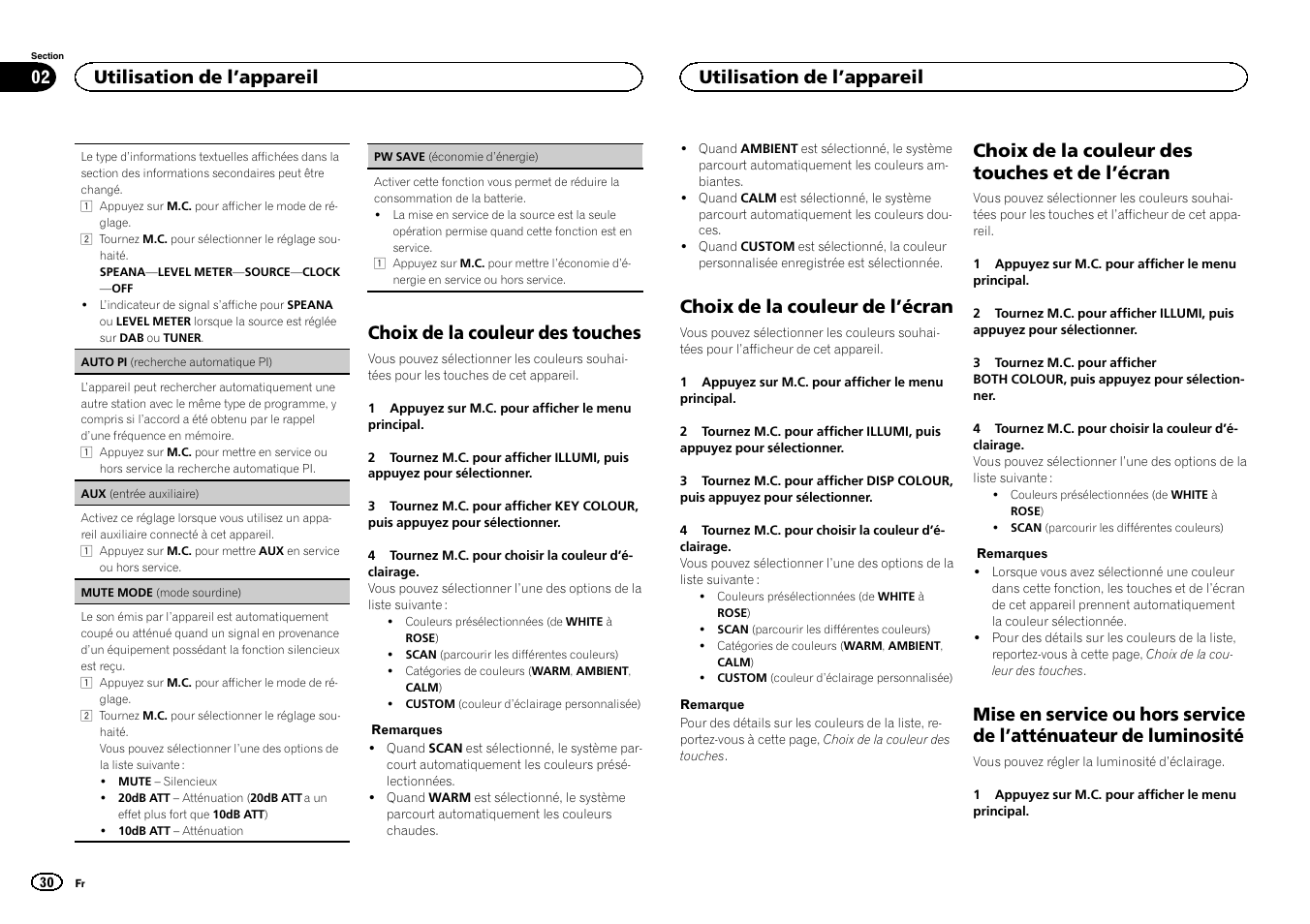 Choix de la couleur des touches, Choix de la couleur de l ’écran, Choix de la couleur des touches et de l ’écran | Utilisation de l ’appareil | Pioneer DEH-X6500DAB User Manual | Page 30 / 152