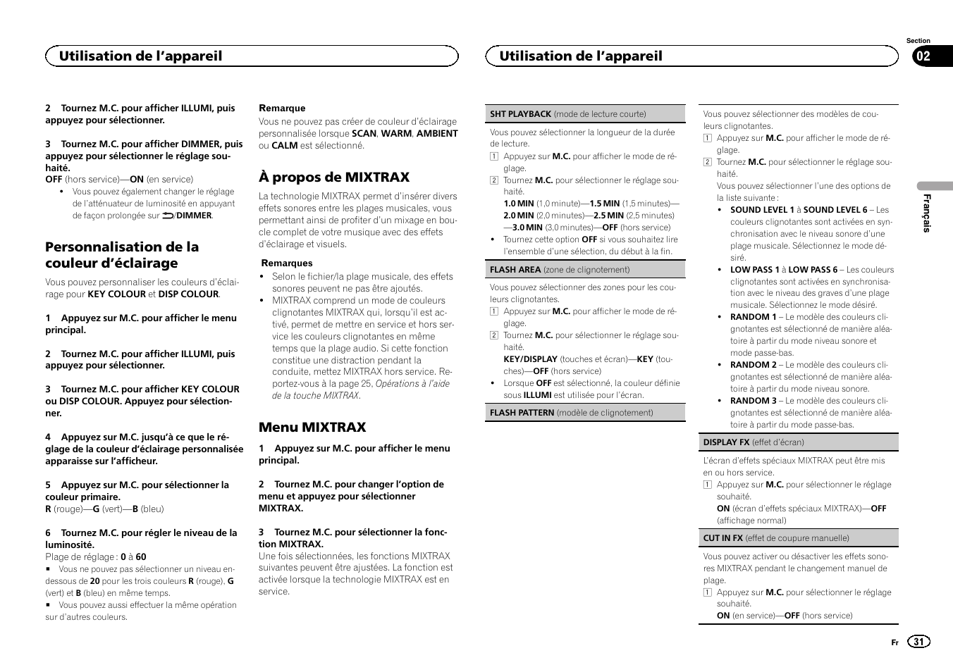 Personnalisation de la couleur d ’éclairage, À propos de mixtrax, Menu mixtrax | Utilisation de l ’appareil | Pioneer DEH-X6500DAB User Manual | Page 31 / 152