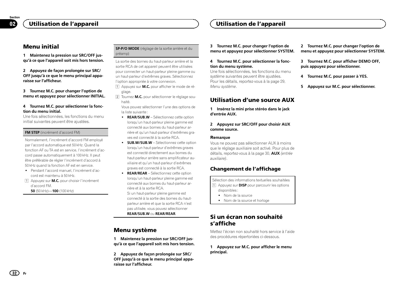 Sp-p/o mode (réglage de la sor, Tie arrière et du préamp), Menu initial | Menu système, Utilisation d ’une source aux, Si un écran non souhaité s ’affiche, Utilisation de l ’appareil | Pioneer DEH-X6500DAB User Manual | Page 32 / 152