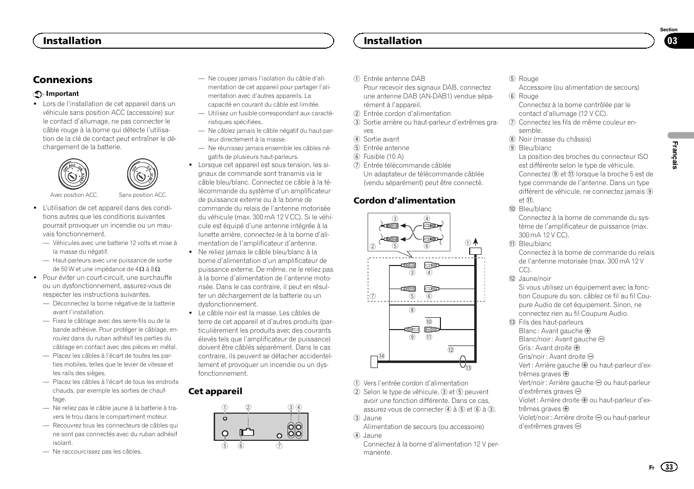 Connexions, Installation | Pioneer DEH-X6500DAB User Manual | Page 33 / 152