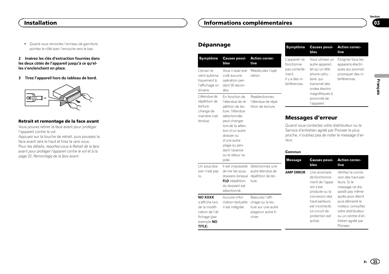 Dépannage, Messages d ’erreur, Installation | Informations complémentaires | Pioneer DEH-X6500DAB User Manual | Page 35 / 152
