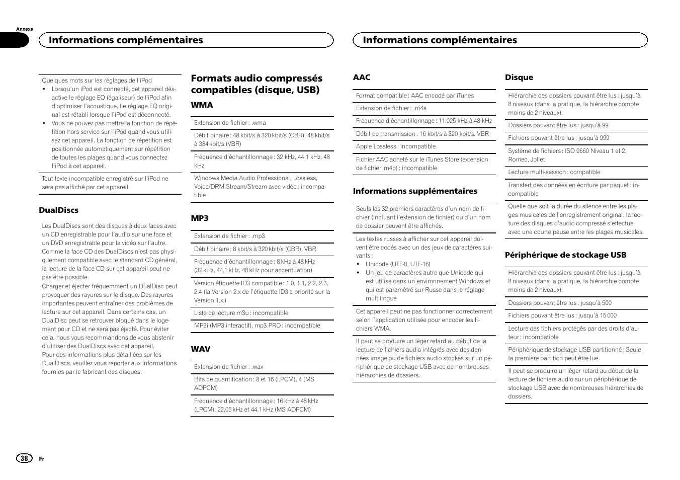 Formats audio compressés compatibles (disque, usb), Informations complémentaires | Pioneer DEH-X6500DAB User Manual | Page 38 / 152