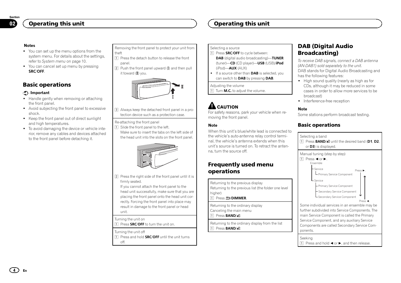 Basic operations, Frequently used menu operations, Dab (digital audio broadcasting) | Operating this unit | Pioneer DEH-X6500DAB User Manual | Page 4 / 152
