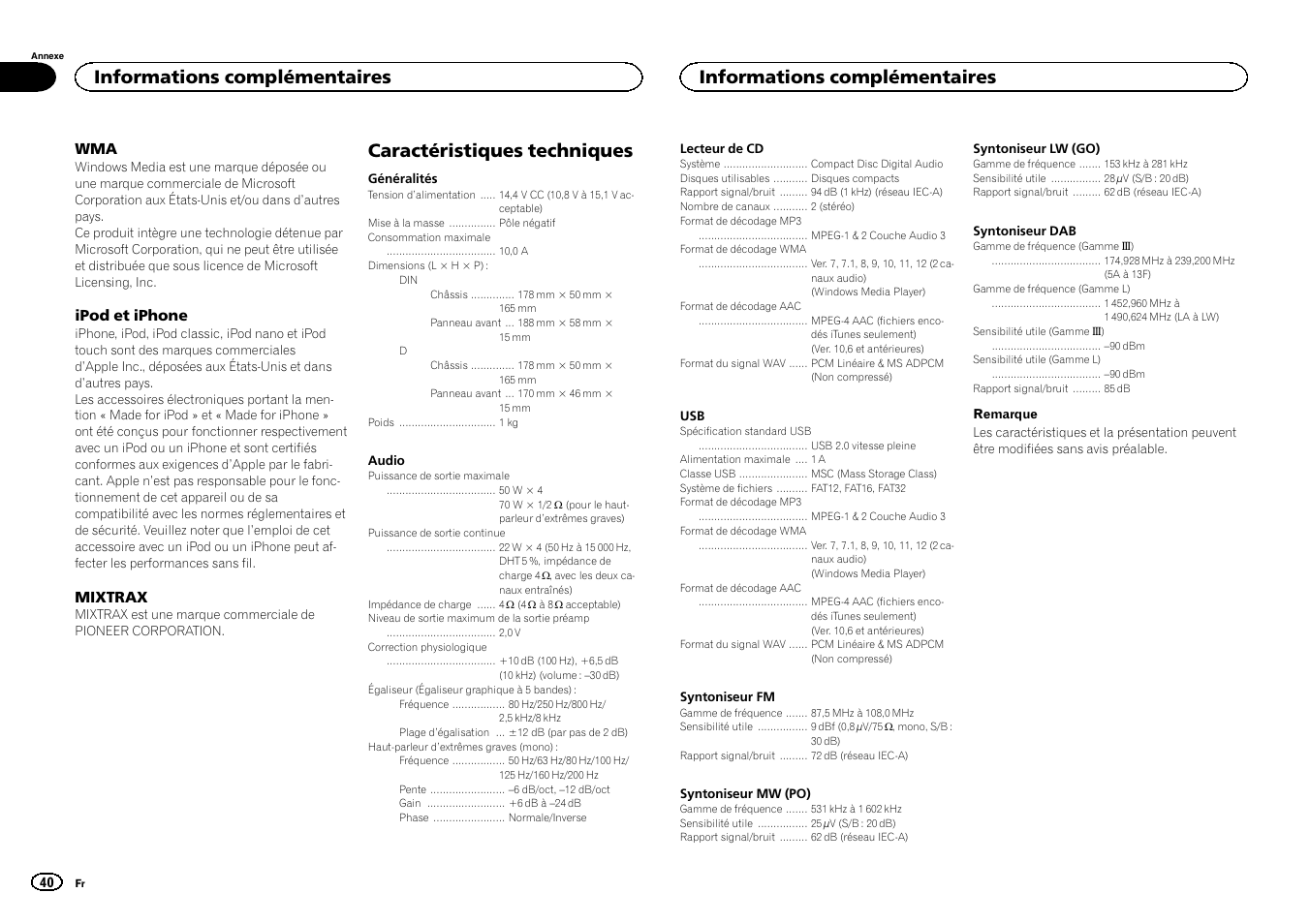 Caractéristiques techniques, Informations complémentaires | Pioneer DEH-X6500DAB User Manual | Page 40 / 152