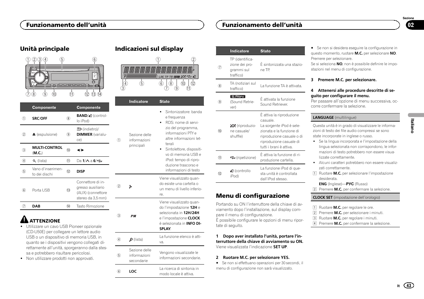 Unità principale, Indicazioni sul display, Menu di configurazione | Funzionamento dell ’unità | Pioneer DEH-X6500DAB User Manual | Page 43 / 152