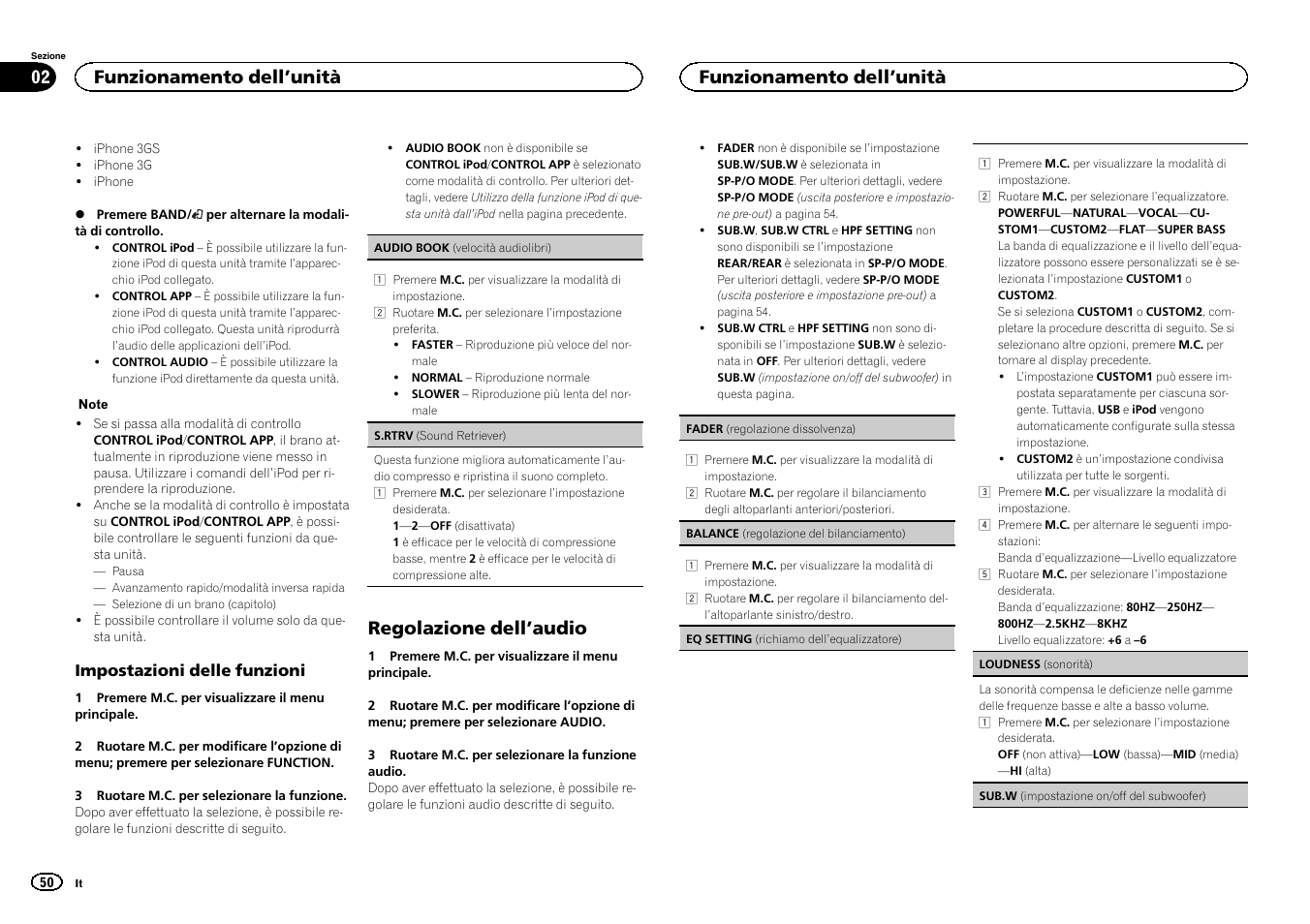Regolazione dell ’audio, Funzionamento dell ’unità | Pioneer DEH-X6500DAB User Manual | Page 50 / 152