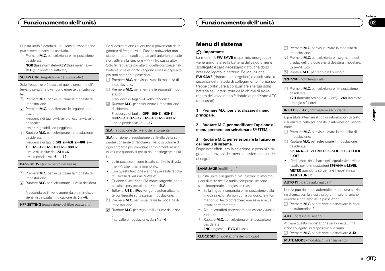 Menu di sistema, Funzionamento dell ’unità | Pioneer DEH-X6500DAB User Manual | Page 51 / 152