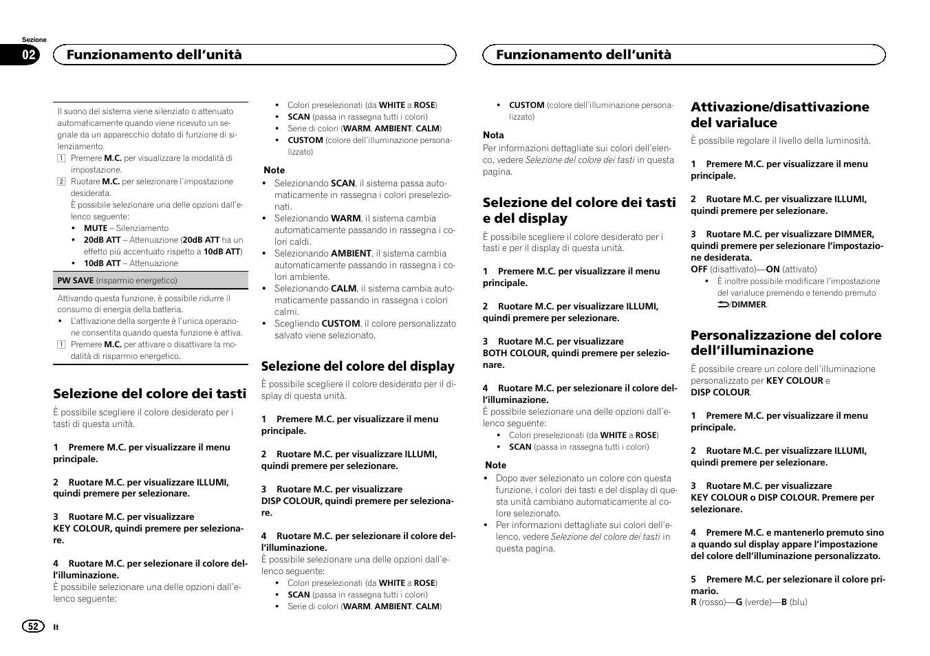 Selezione del colore dei tasti, Selezione del colore del display, Selezione del colore dei tasti e del display | Attivazione/disattivazione del varialuce, Personalizzazione del colore dell ’illuminazione, Funzionamento dell ’unità | Pioneer DEH-X6500DAB User Manual | Page 52 / 152