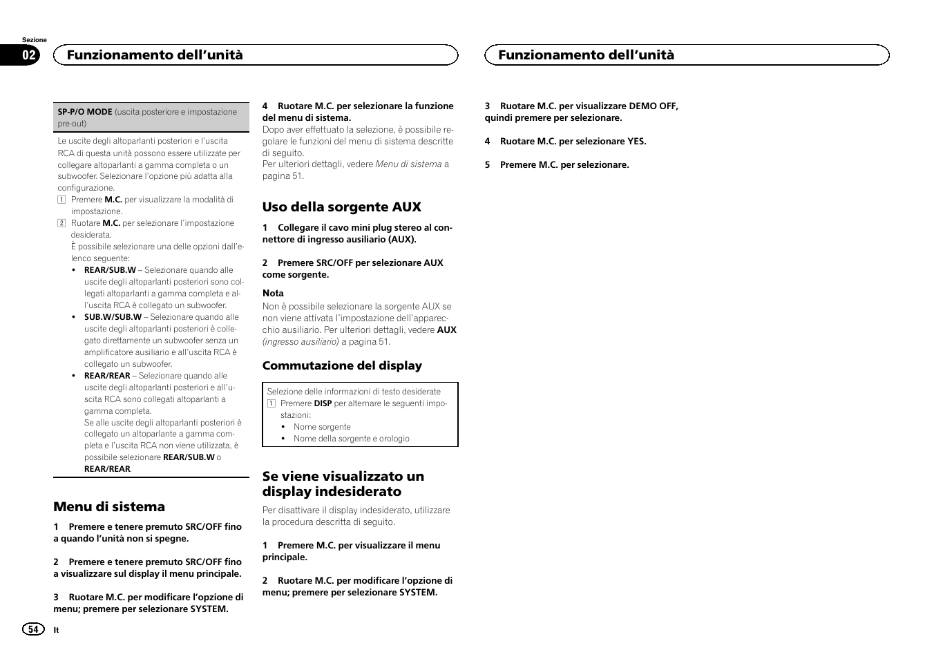 Sp-p/o mode, Menu di sistema, Uso della sorgente aux | Se viene visualizzato un display indesiderato, Funzionamento dell ’unità | Pioneer DEH-X6500DAB User Manual | Page 54 / 152