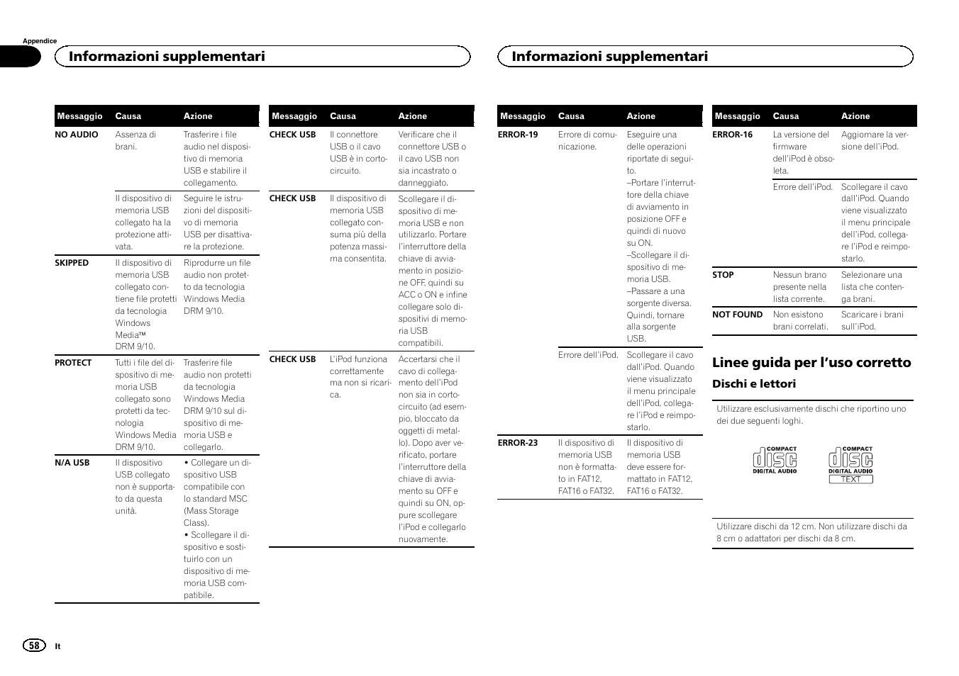 Linee guida per l ’uso corretto, Informazioni supplementari | Pioneer DEH-X6500DAB User Manual | Page 58 / 152