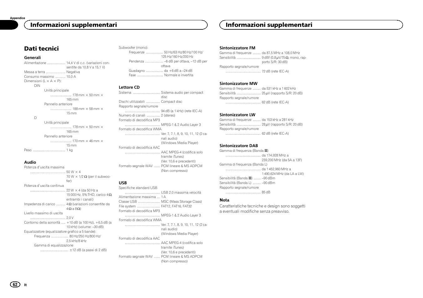 Dati tecnici, Informazioni supplementari | Pioneer DEH-X6500DAB User Manual | Page 62 / 152