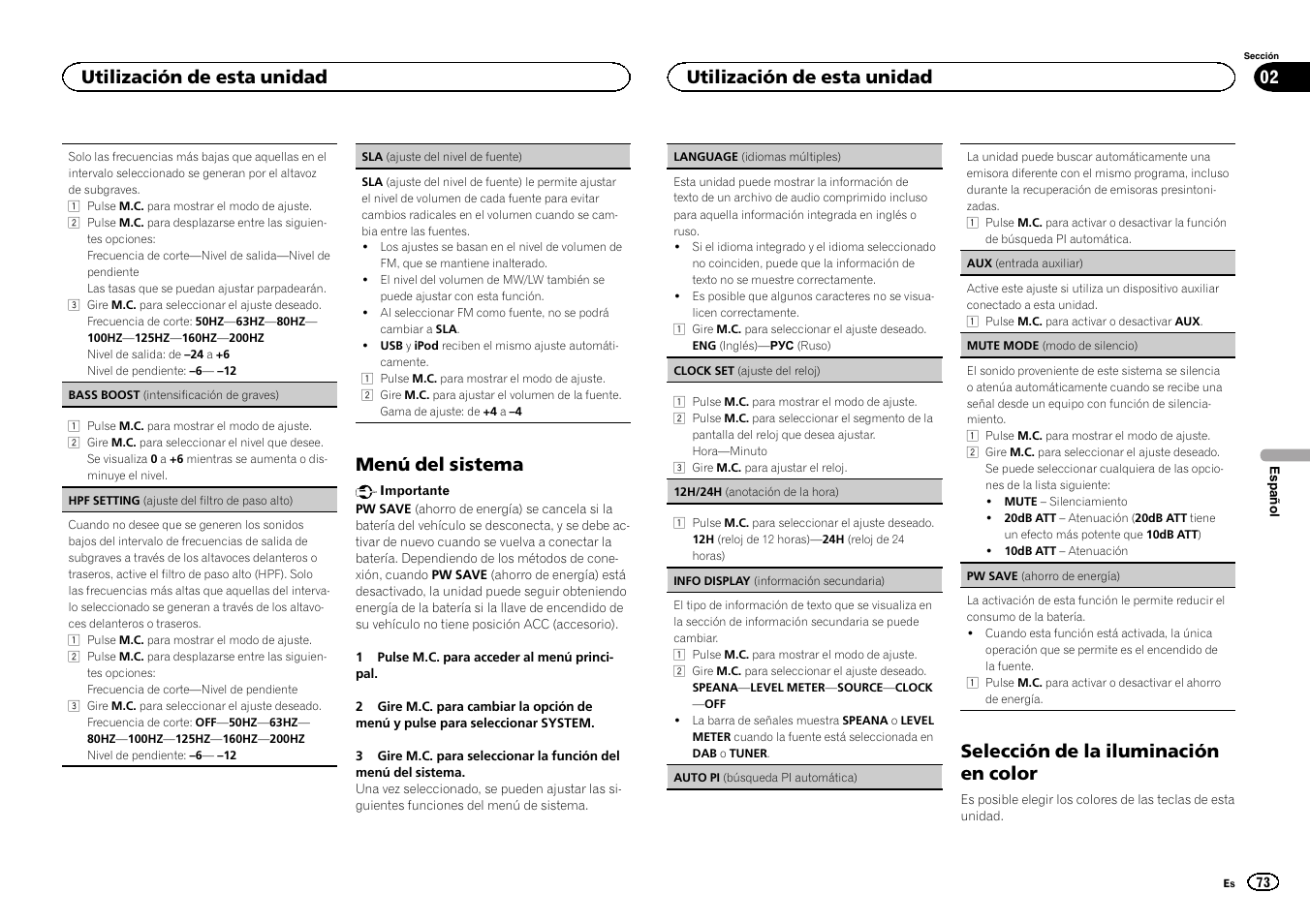 Menú del sistema, Selección de la iluminación en color, Utilización de esta unidad | Pioneer DEH-X6500DAB User Manual | Page 73 / 152