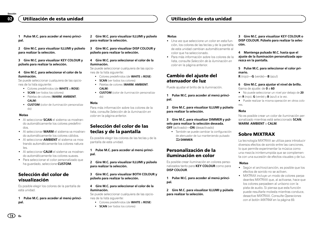 Selección del color de visualización, Selección del color de las teclas y de la pantalla, Cambio del ajuste del atenuador de luz | Personalización de la iluminación en color, Sobre mixtrax, Utilización de esta unidad | Pioneer DEH-X6500DAB User Manual | Page 74 / 152