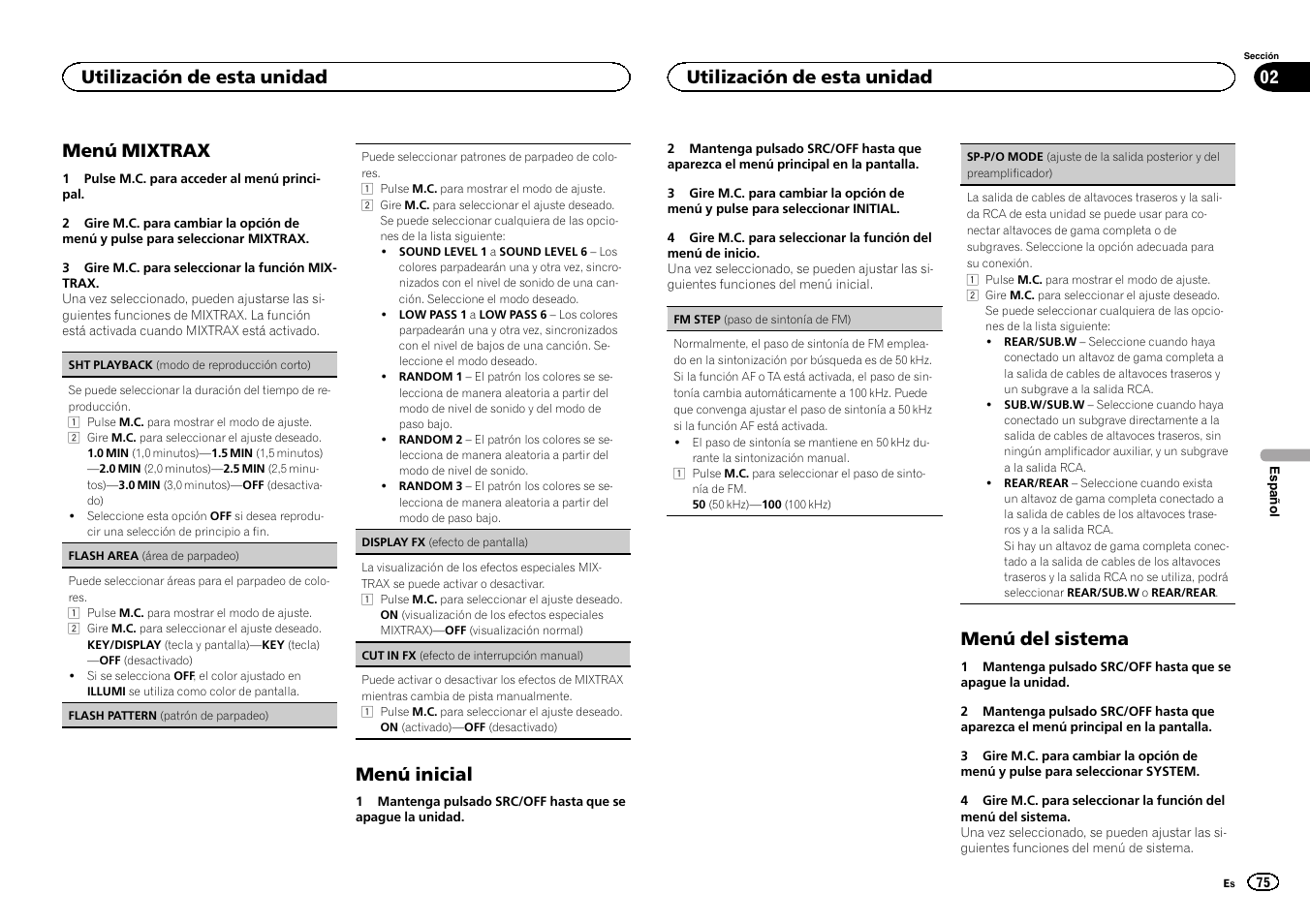 Sp-p/o mode, Sp-p/o mode (ajuste de, Menú mixtrax | Menú inicial, Menú del sistema, Utilización de esta unidad | Pioneer DEH-X6500DAB User Manual | Page 75 / 152