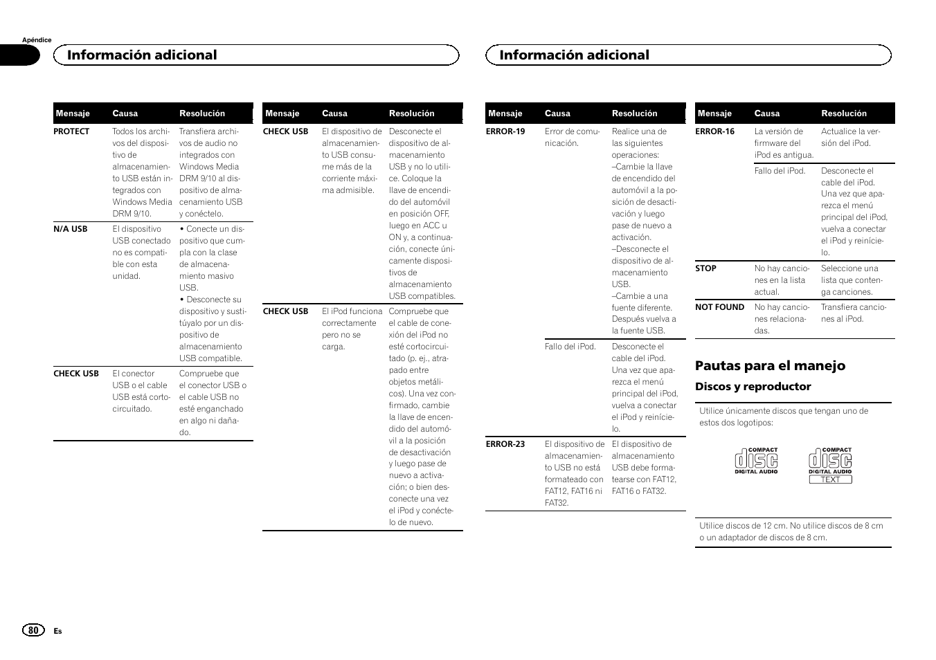 Pautas para el manejo, Información adicional | Pioneer DEH-X6500DAB User Manual | Page 80 / 152