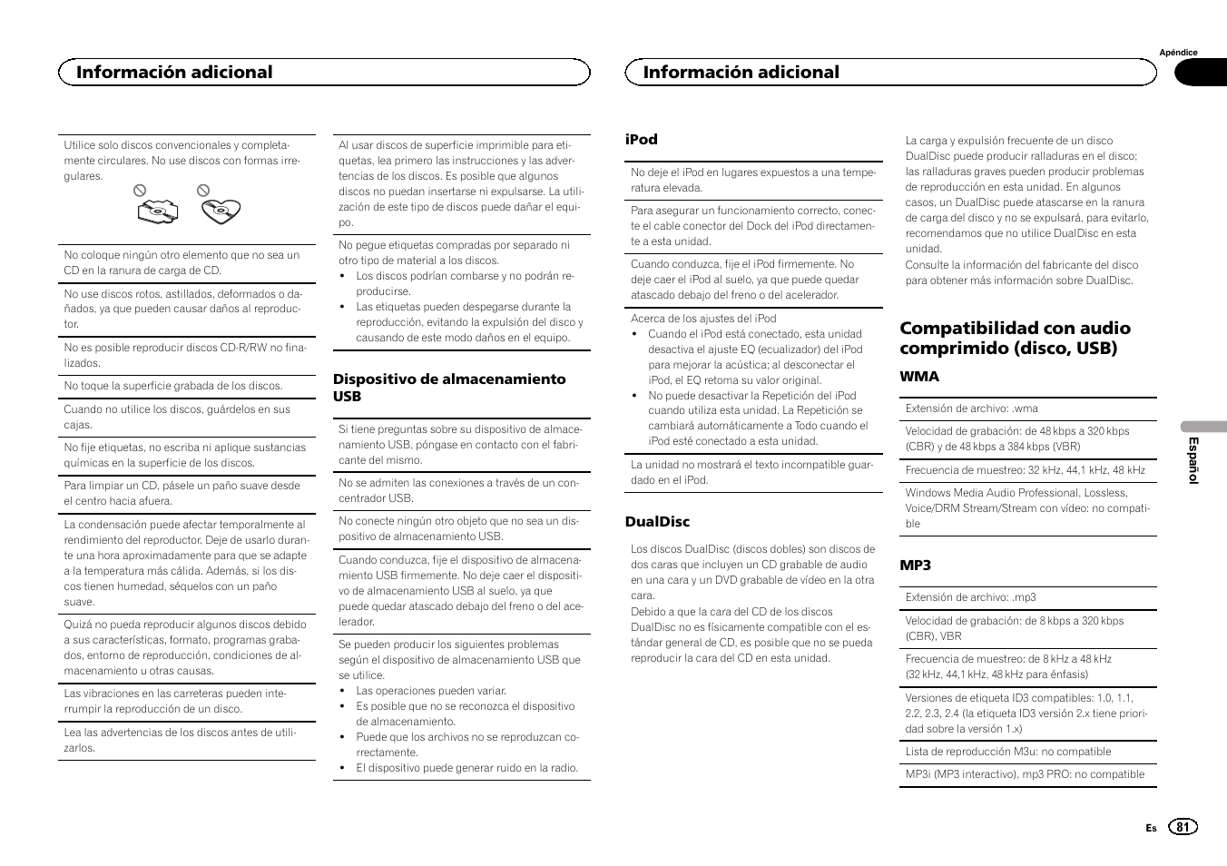 Compatibilidad con audio comprimido (disco, usb), Información adicional | Pioneer DEH-X6500DAB User Manual | Page 81 / 152