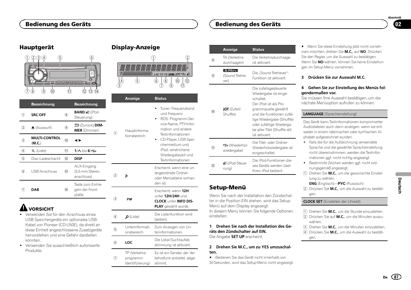 Hauptgerät, Display-anzeige, Setup-menü | Bedienung des geräts | Pioneer DEH-X6500DAB User Manual | Page 87 / 152