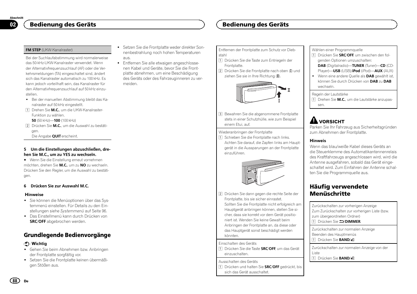 Grundlegende bedienvorgänge, Häufig verwendete menüschritte, Bedienung des geräts | Pioneer DEH-X6500DAB User Manual | Page 88 / 152
