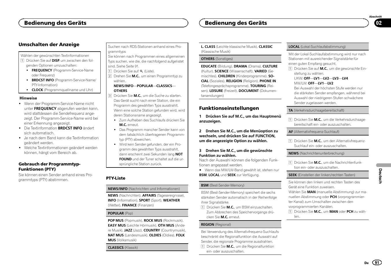 Seek (einstellen der linken/rechten tas, Ten) auf seite 91, Af (alternativfrequenz-such | Lauf) auf seite 91), Bedienung des geräts | Pioneer DEH-X6500DAB User Manual | Page 91 / 152