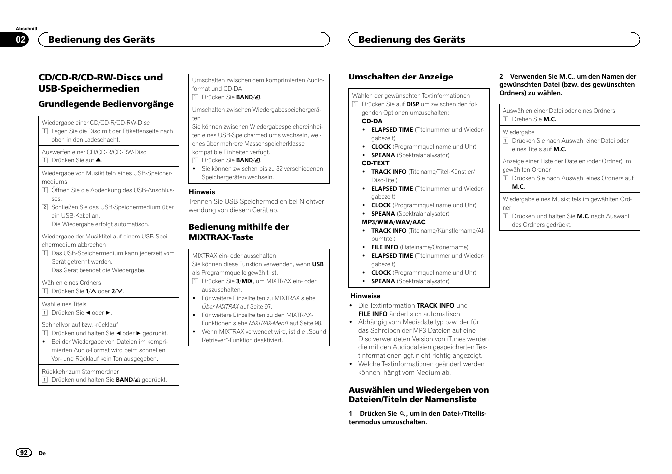 Cd/cd-r/cd-rw-discs und usb-speichermedien, Bedienung des geräts | Pioneer DEH-X6500DAB User Manual | Page 92 / 152