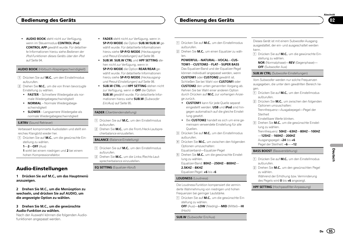 Audio-einstellungen, Bedienung des geräts | Pioneer DEH-X6500DAB User Manual | Page 95 / 152