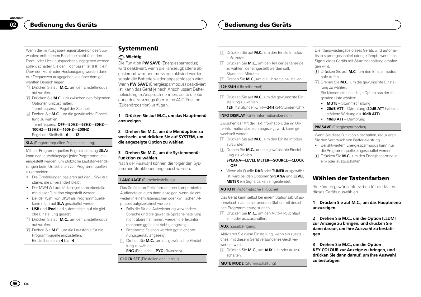 Systemmenü, Wählen der tastenfarben, Bedienung des geräts | Pioneer DEH-X6500DAB User Manual | Page 96 / 152