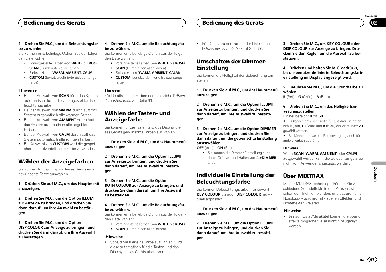 Wählen der anzeigefarben, Wählen der tasten- und anzeigefarbe, Umschalten der dimmer- einstellung | Individuelle einstellung der beleuchtungsfarbe, Über mixtrax, Bedienung des geräts | Pioneer DEH-X6500DAB User Manual | Page 97 / 152