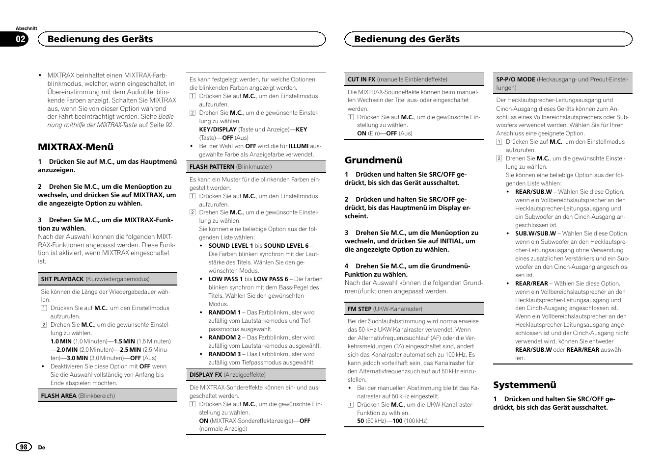 Sp-p/o mode (heckausgang, Und preout-einstellungen) auf seite 98, Mixtrax-menü | Grundmenü, Systemmenü, Bedienung des geräts | Pioneer DEH-X6500DAB User Manual | Page 98 / 152