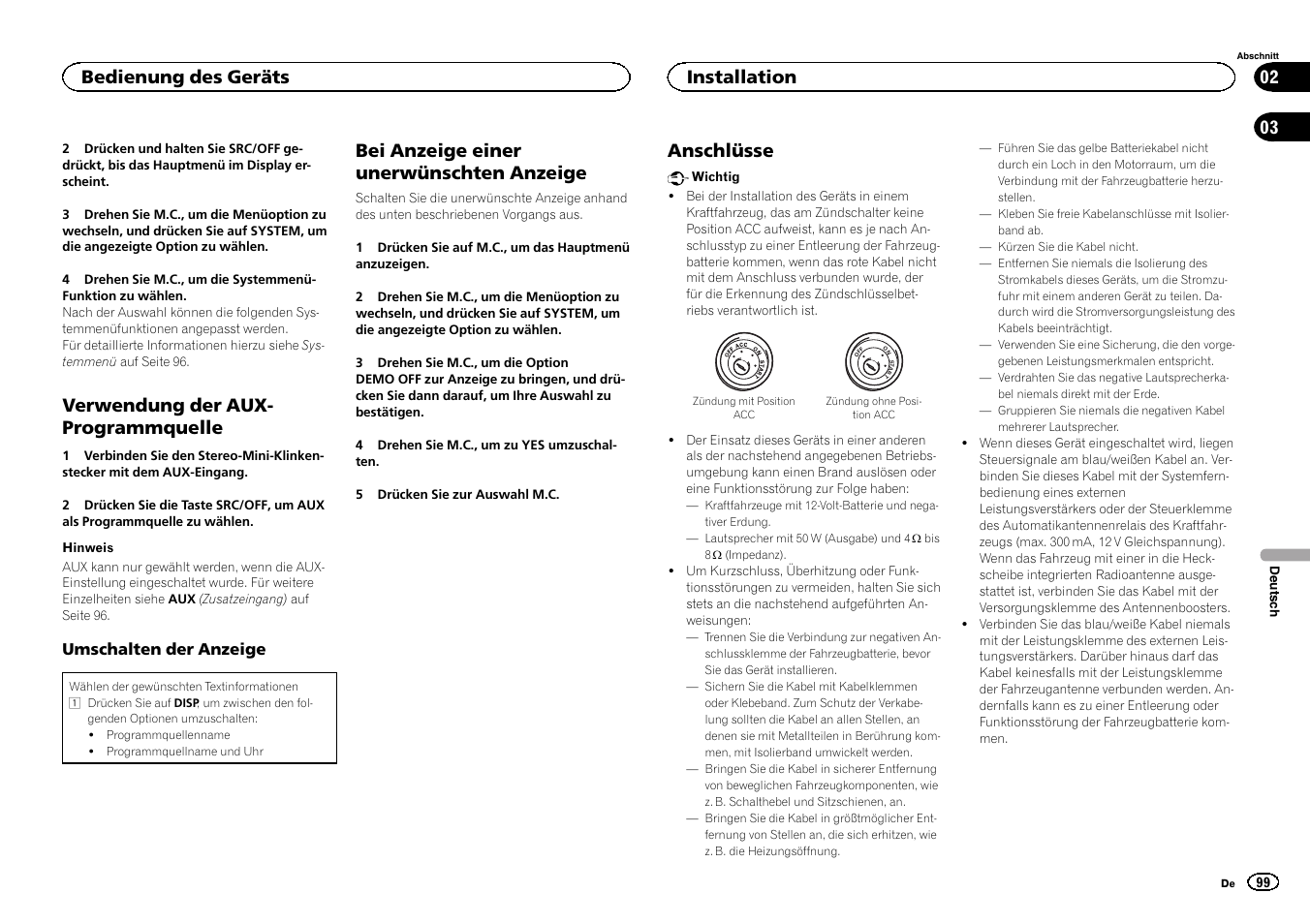 Verwendung der aux- programmquelle, Bei anzeige einer unerwünschten anzeige, Anschlüsse | Bedienung des geräts, Installation | Pioneer DEH-X6500DAB User Manual | Page 99 / 152