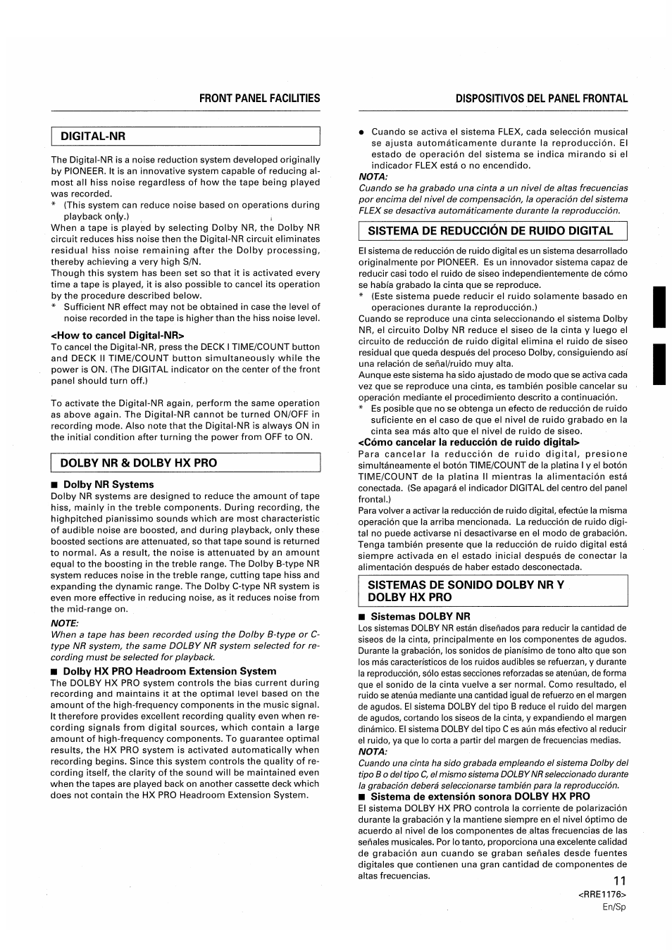 How to cancel digital-nr, Dolby nr systems, Dolby hx pro headroom extension system | Cómo cancelar la reducción de ruido digital, Sistemas dolby nr | Pioneer CT-W806DR User Manual | Page 11 / 40