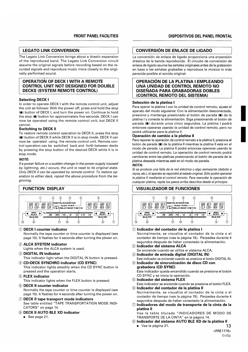 Selecting deck i, Switching to deck ii, Deck i counter indicator | Alca system indicator, Digital in indicator, Cd-deck synchro indicator (cd sync), Flex indicator, Deck ii counter indicator, Deck ii auto ble xd indicator, Selección de la platina i | Pioneer CT-W806DR User Manual | Page 13 / 40