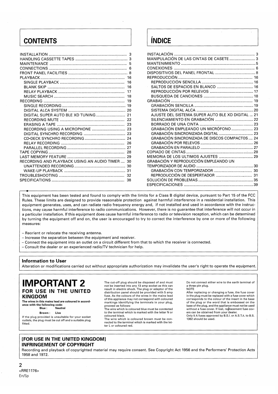 Important 2 | Pioneer CT-W806DR User Manual | Page 2 / 40