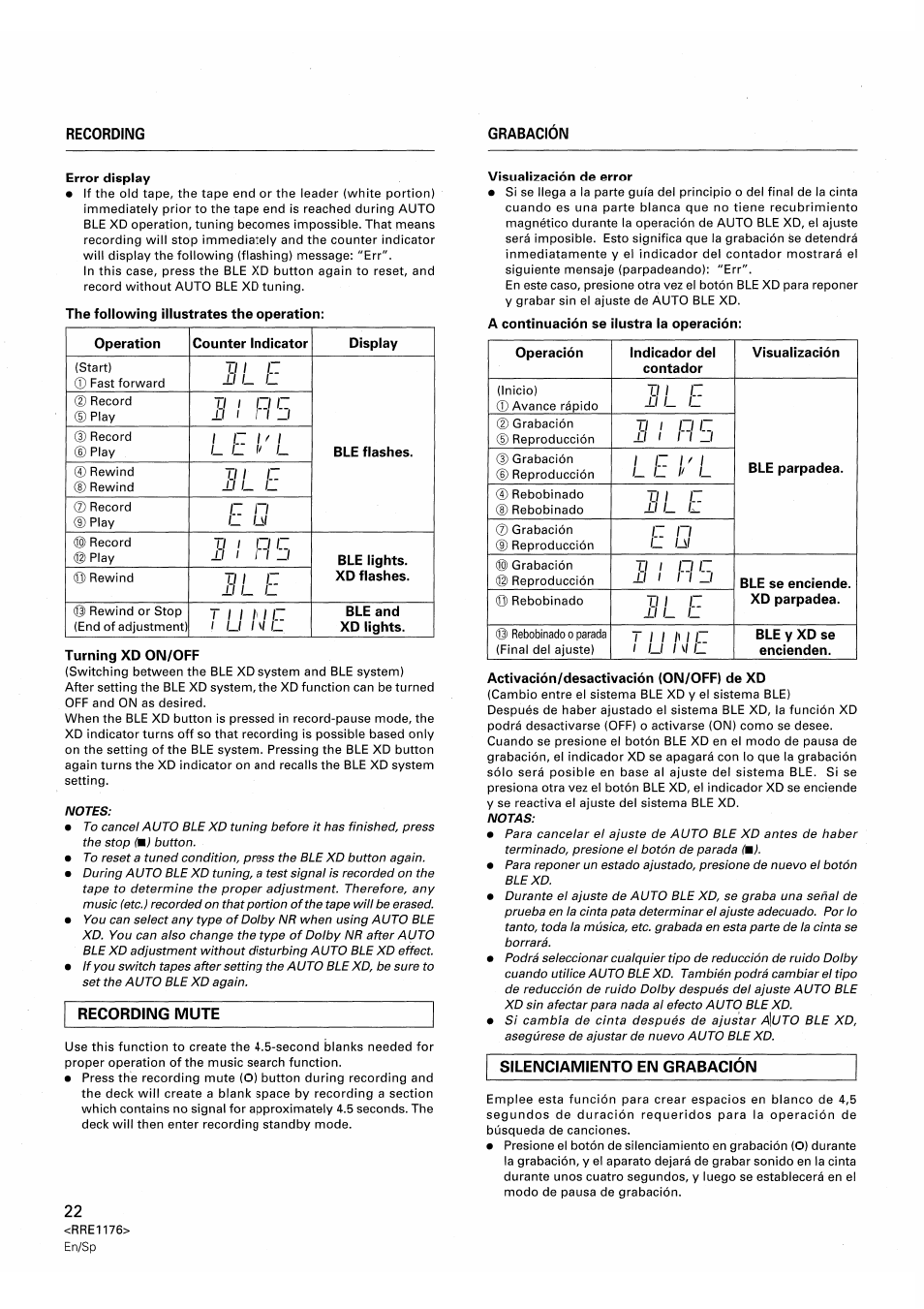 Error display, The following illustrates the operation, Operation | Counter indicator, Display, Ble flashes, Ble lights. xd flashes, Ble and xd lights, Turning xd on/off, Visualización de error | Pioneer CT-W806DR User Manual | Page 22 / 40
