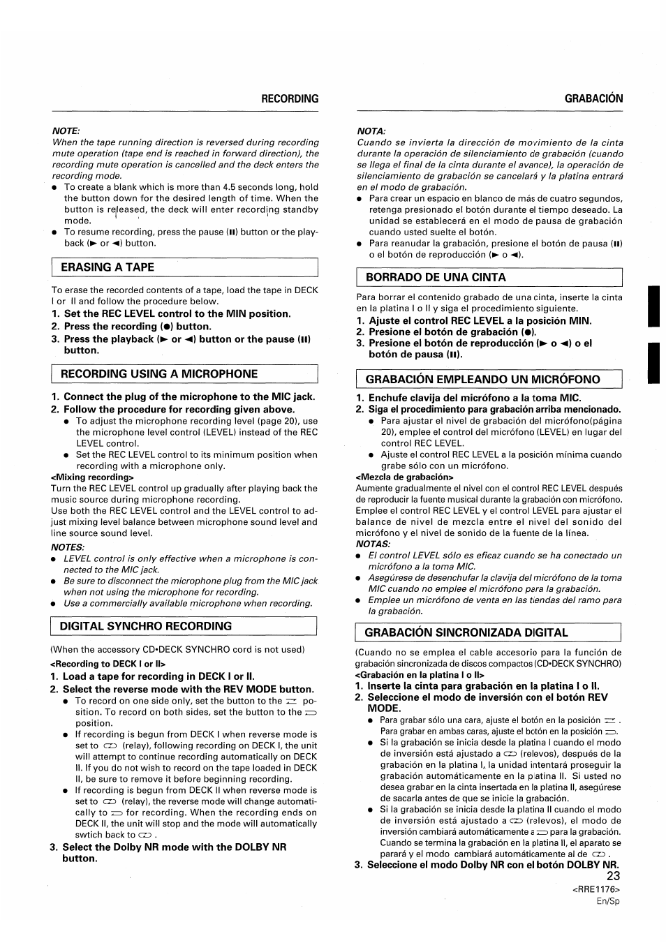 Set the rec level control to the min position, Press the recording (•) button, Connect the plug of the microphone to the mic jack | Follow the procedure for recording given above, Load a tape for recording in deck i or ii, Select the reverse mode with the rev mode button, Select the dolby nr mode with the dolby nr, Ajuste el control rec level a la posición min, Presione el botón de grabación (•), Enchufe clavija del micrófono a la toma mic | Pioneer CT-W806DR User Manual | Page 23 / 40