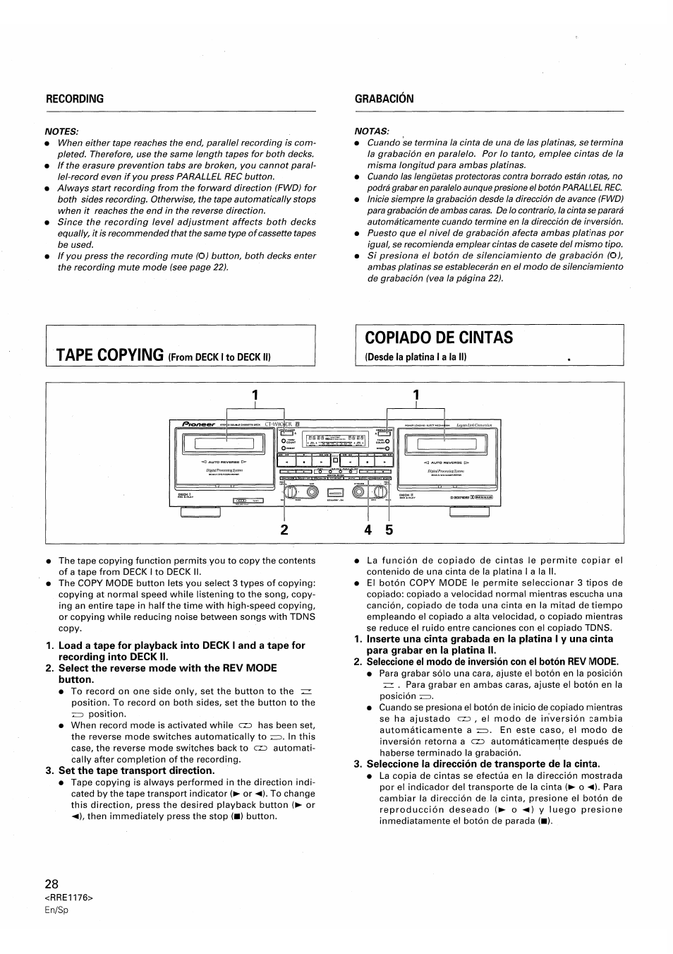 Select the reverse mode with the rev mode button, Set the tape transport direction, Seleccione la dirección de transporte de la cinta | Copiado de cintas | Pioneer CT-W806DR User Manual | Page 28 / 40