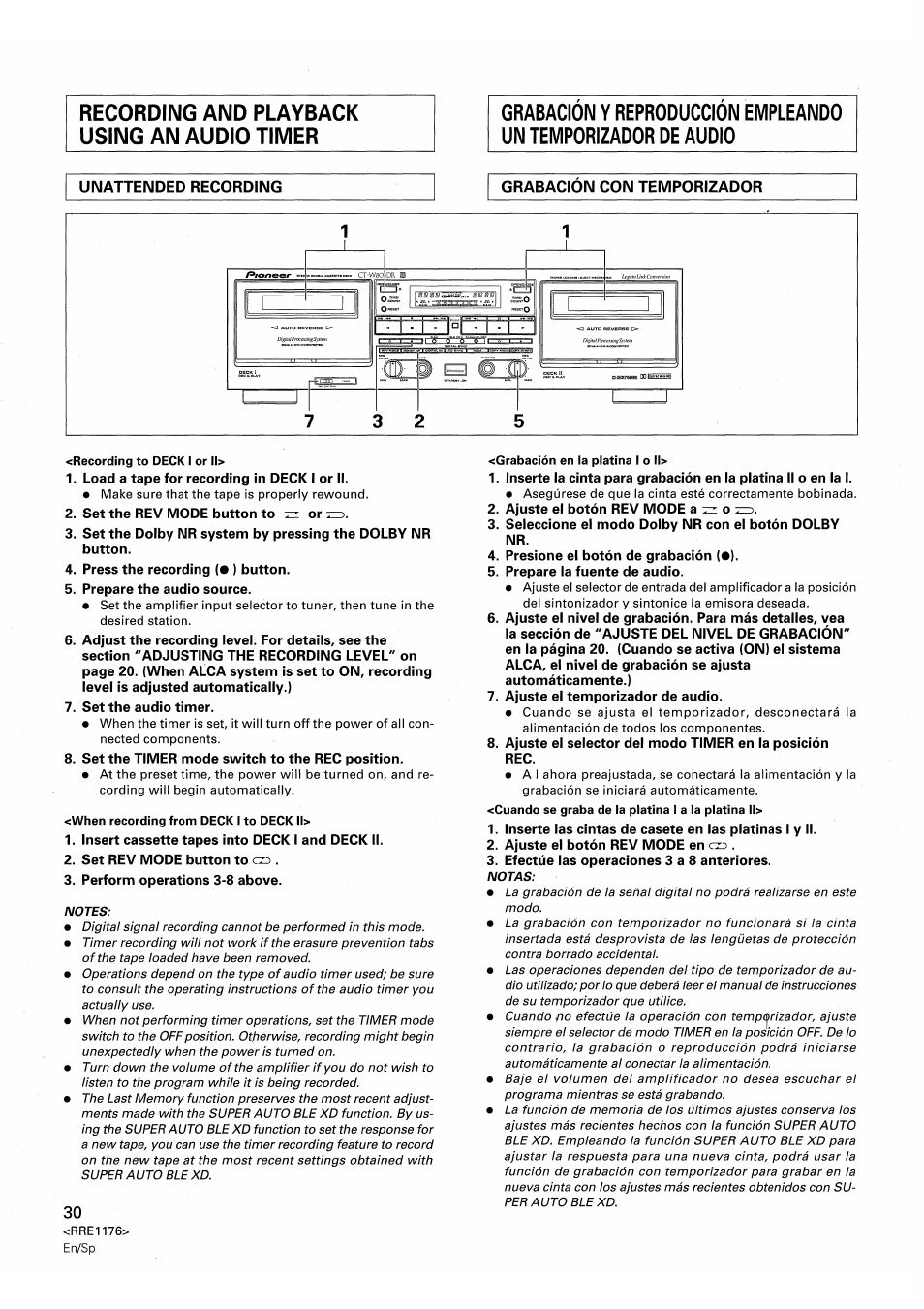 Press the recording (• ) button, Prepare the audio source, Set the audio timer | Set the timer mode switch to the rec position, Insert cassette tapes into deck i and deck ii, Set rev mode button to czd, Perform operations 3-8 above, Ajuste el botón rev mode a o z=), Seleccione el modo dolby nr con el botón dolby nr, Presione el botón de grabación (•) | Pioneer CT-W806DR User Manual | Page 30 / 40