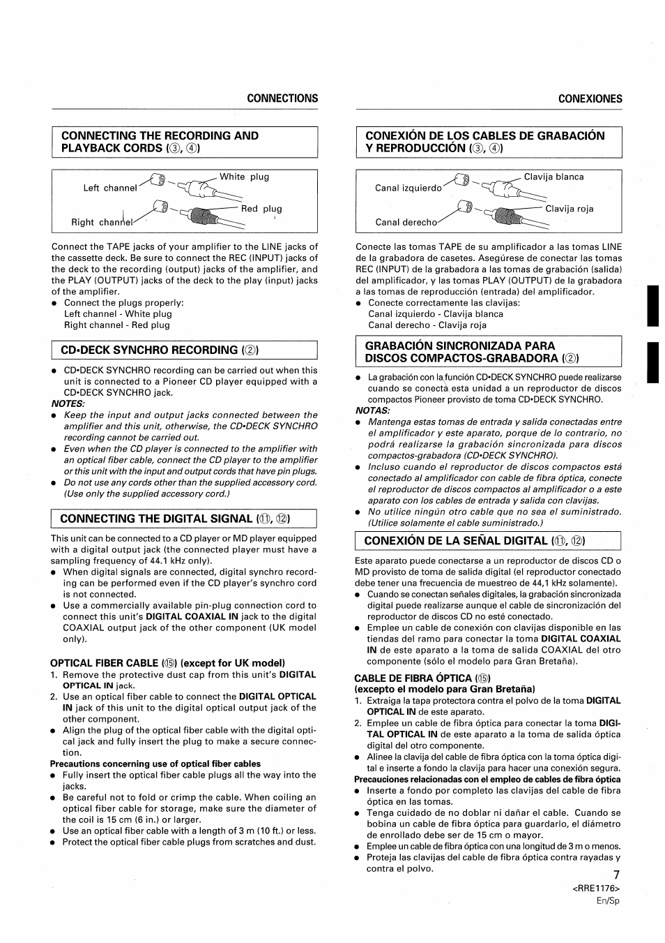 Optical fiber cable (©) (except for uk model), Cable de fibra óptica (©), Excepto el modelo para gran bretaña) | Pioneer CT-W806DR User Manual | Page 7 / 40