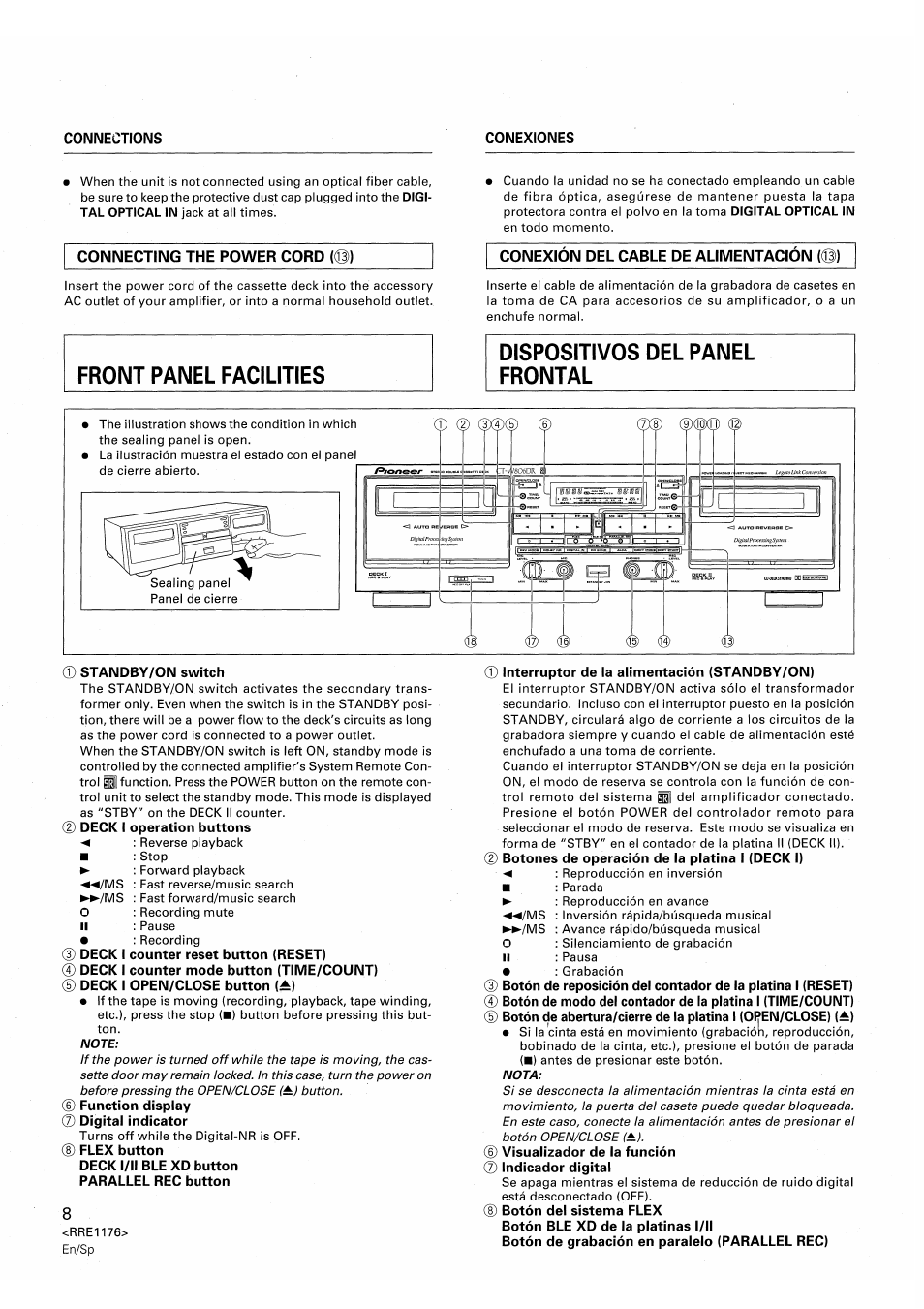 D deck i operation buttons, D) deck i counter reset button (reset), Deck i counter mode button (time/count) | Deck i open/close button i±), Function display © digital indicator, Flex button, Deck l/ll ble xd button parallel rec button, Visualizador de la función © indicador digital, Botón del sistema flex, Botón ble xd de la platinas l/ll | Pioneer CT-W806DR User Manual | Page 8 / 40