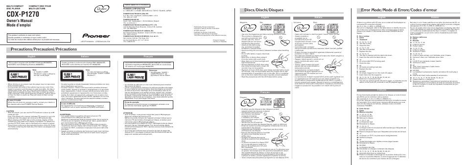 Pioneer CDX-P1270 User Manual | 4 pages