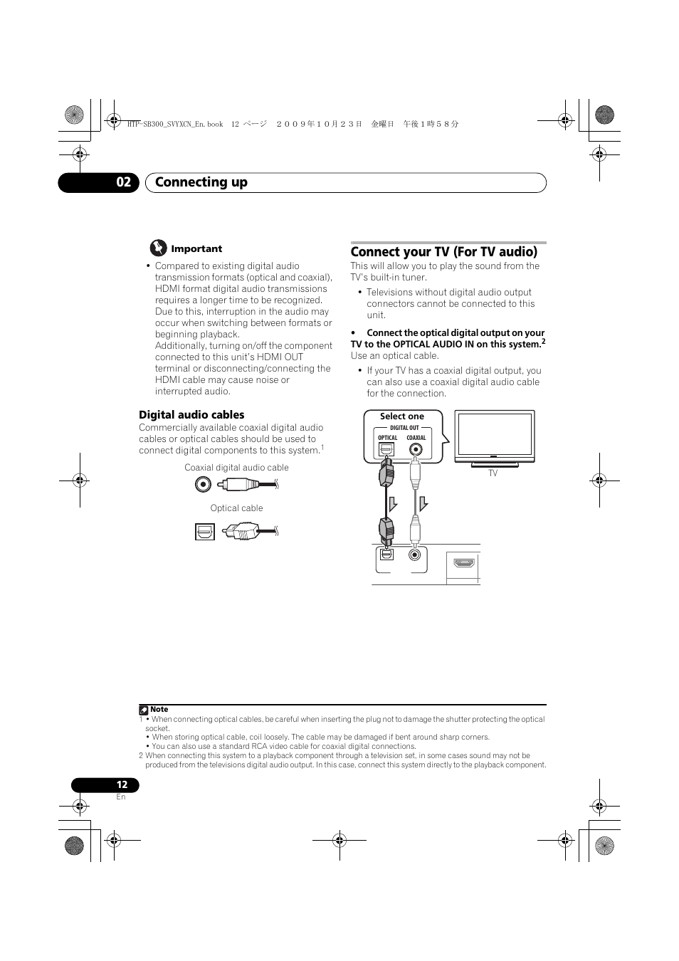 Digital audio cables, Connect your tv (for tv audio), Connecting up 02 | Pioneer HTP-SB300 User Manual | Page 12 / 124