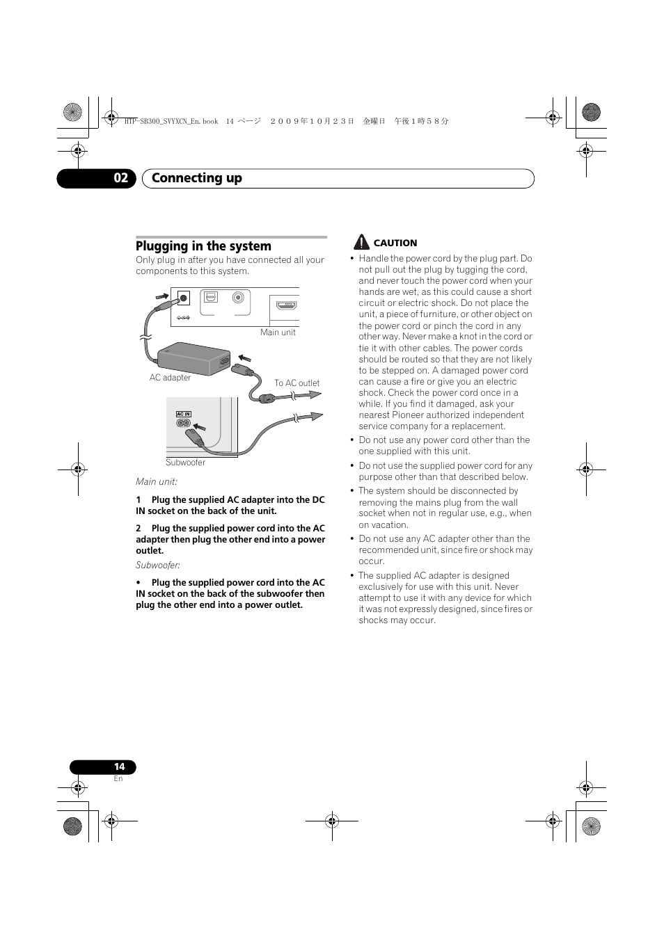 Plugging in the system, To ac outlet, Connecting up 02 | Pioneer HTP-SB300 User Manual | Page 14 / 124