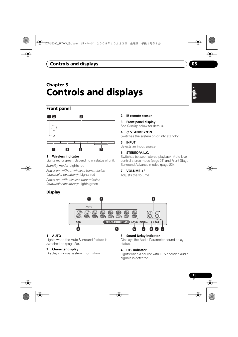 Controls and displays, Front panel, Display | 03 controls and displays, Controls and displays 03, Chapter 3 | Pioneer HTP-SB300 User Manual | Page 15 / 124